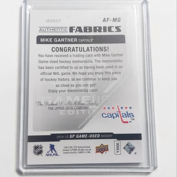 Mike Gartner SP Game-Used Authentic Fabrics Hockey Card #AF-MG 2014/15 - Picture 2 of 2